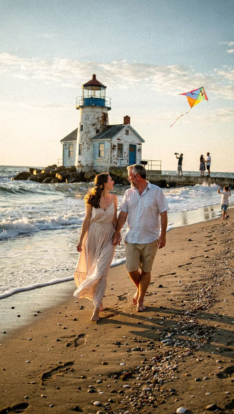 Панорама океанского побережья с маяком на фоне облачного неба.