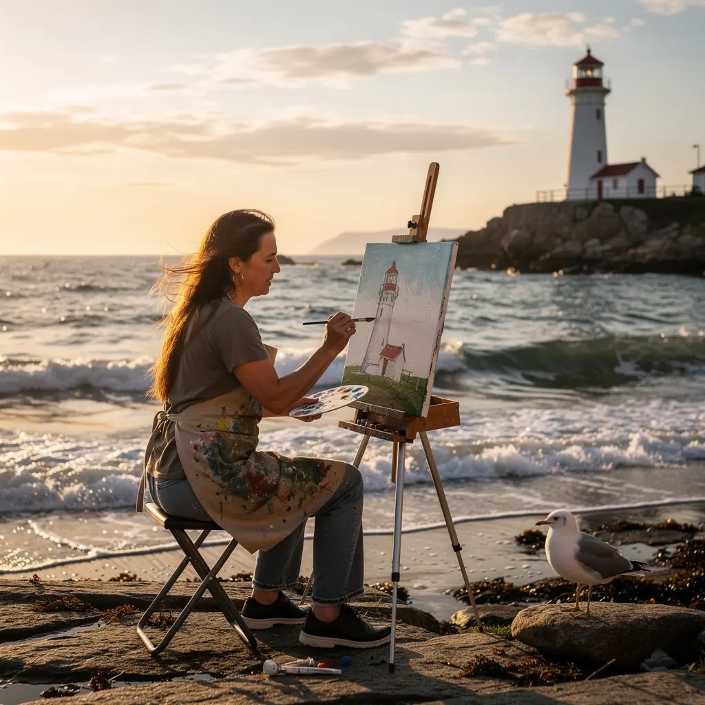 Старый маяк с историческими деталями и морскими символами.