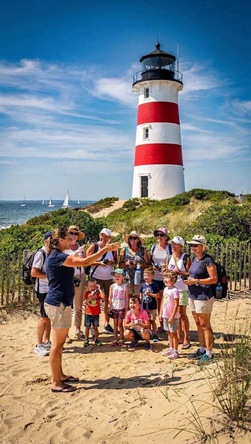 Старый маяк, окруженный зелеными скалами и яркими цветами.