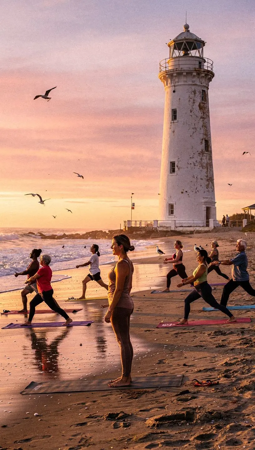 Старинный маяк, окруженный зеленью и морем.