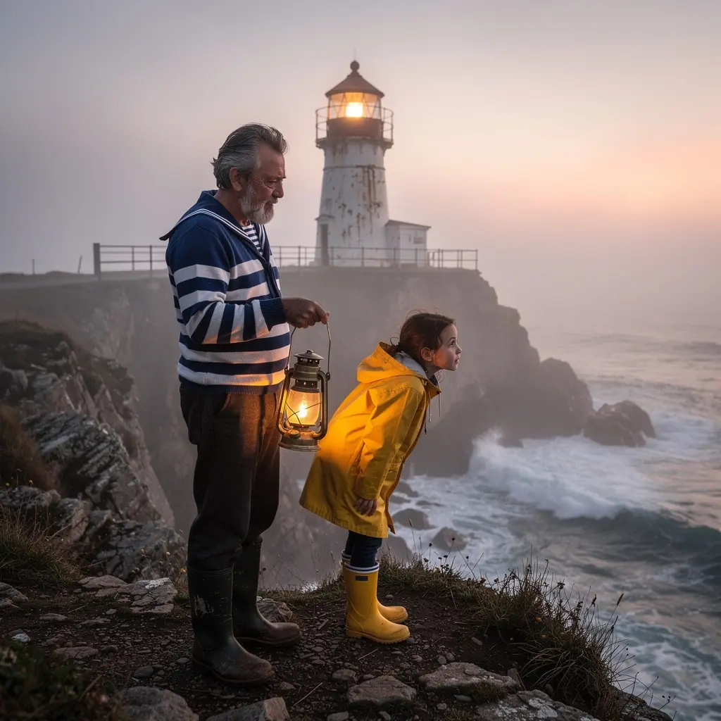 Маяк на побережье в лучах заката, освещающий океанские волны.