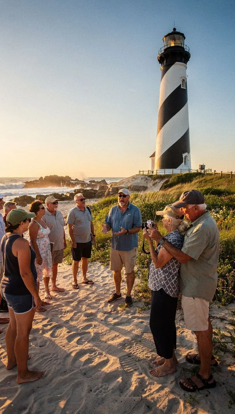 Маяк на фоне заката, освещающий береговую линию.