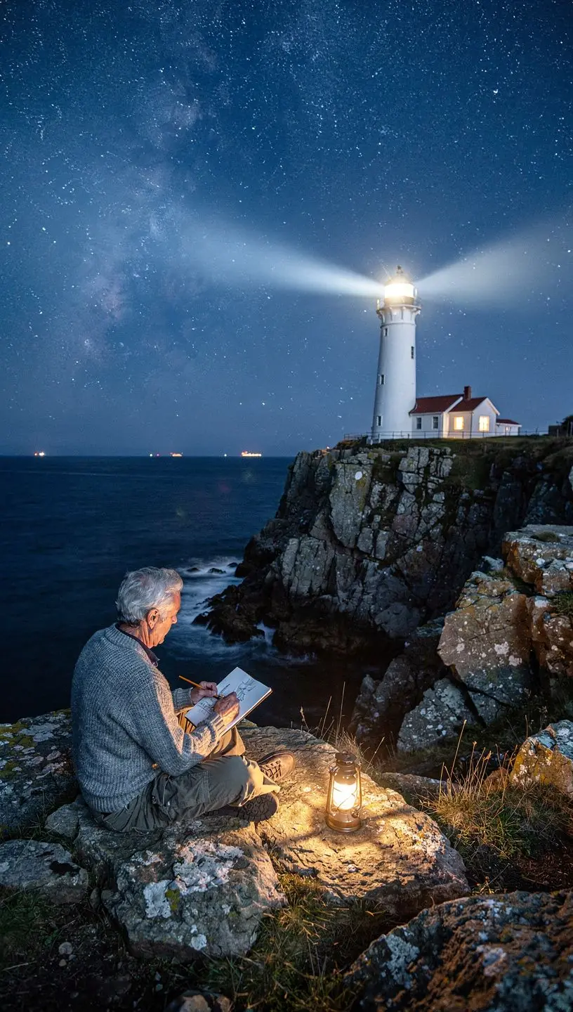 Маяк на фоне заката, освещающий побережье.