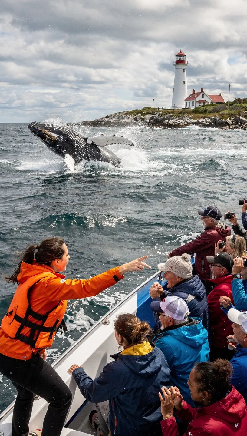 Маяк на фоне заката, освещающий побережье.