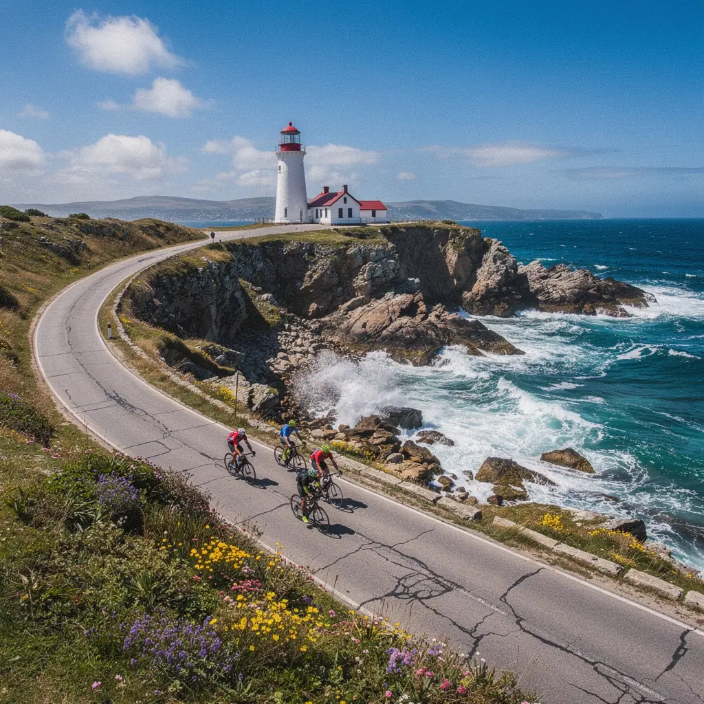 Свет маяка на фоне заката над океаном.