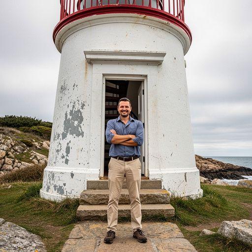 Группа туристов, изучающих маяк и его окрестности.