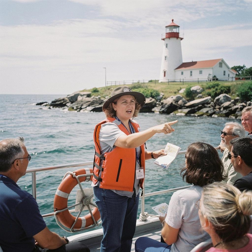 Тихий пляж с маяком на горизонте и волнами.
