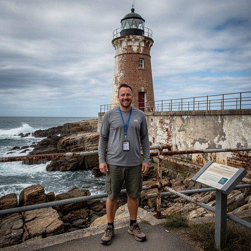 Морская птица, летающая рядом с маяком на фоне неба.